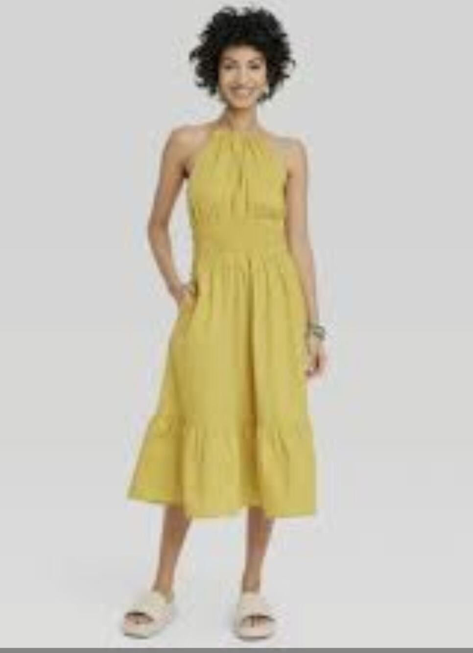 A New Day 100% Cotton Mustard Yellow Gold Halter Midi Dress Size XL See Pics